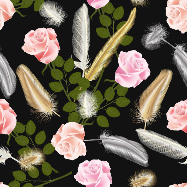 美丽的无缝图案与玫瑰和羽毛。图片下载