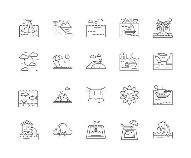 海滩线图标，标志，矢量集，轮廓插图的概念图片下载