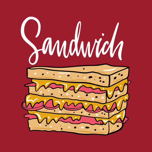 三明治手绘矢量插图和字母。卡通风格。孤立在红色背景上。图片下载