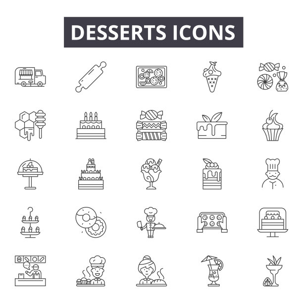 甜点概念线图标，标志，向量集，线性概念，轮廓插图图片下载