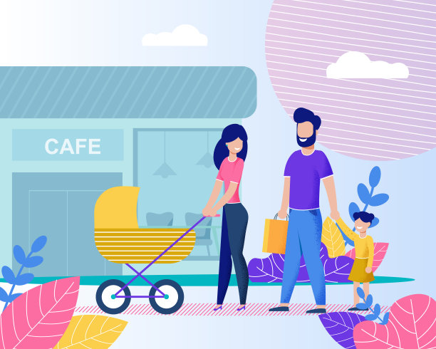 家庭快乐去咖啡厅Flat风格卡通图片下载
