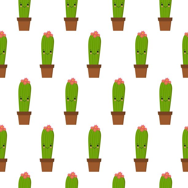 无缝模式与可爱的卡哇伊仙人掌与滑稽的面孔。孤立在白色背景上。矢量插图。图片下载