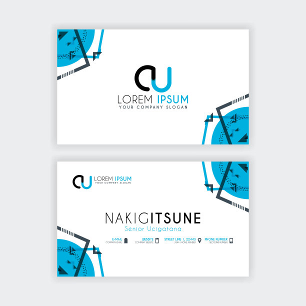 简单的名片，首字母CU圆角，蓝灰角装饰。图片下载