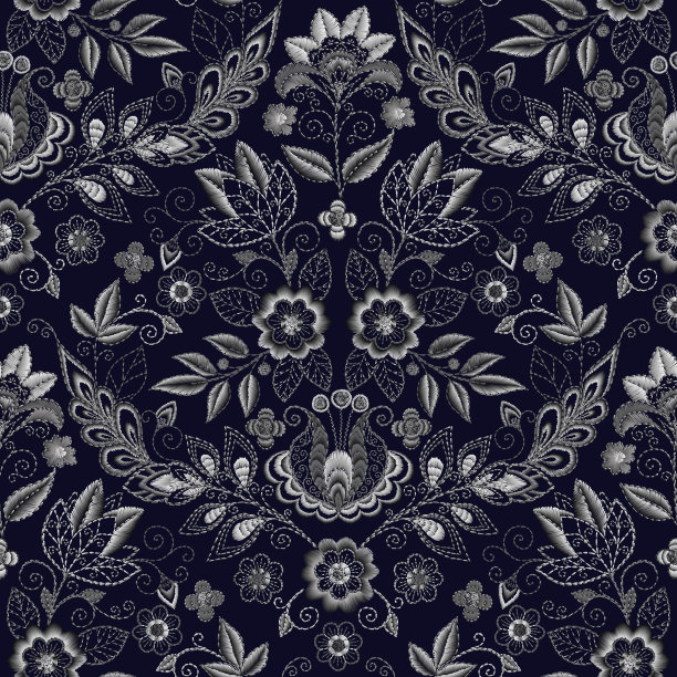 刺绣无缝图案与美丽的花朵。矢量手工花卉装饰在黑暗的背景。时装产品刺绣。优雅的瓷砖设计，最好的印刷织物或纸和更多图片下载