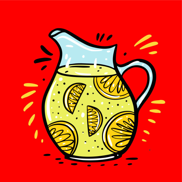 柠檬水在酒瓶手绘矢量插图。卡通风格。孤立在红色背景上。图片下载