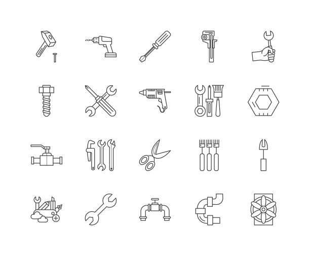 螺栓，螺母，螺丝，铆钉和垫圈线图标，标志，矢量集，轮廓插图概念图片下载