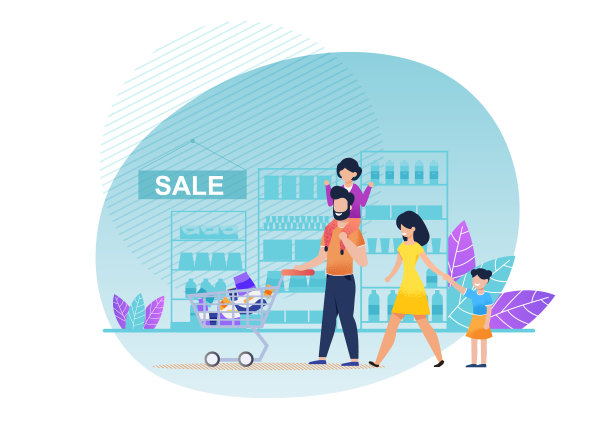 卡通家庭购物超市平向量图片下载
