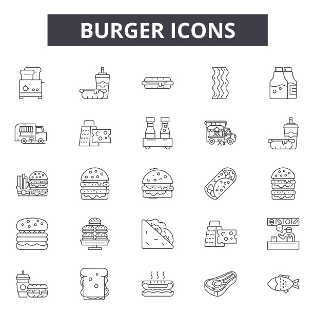 汉堡线图标，标志，向量集，线性概念，轮廓插图图片下载