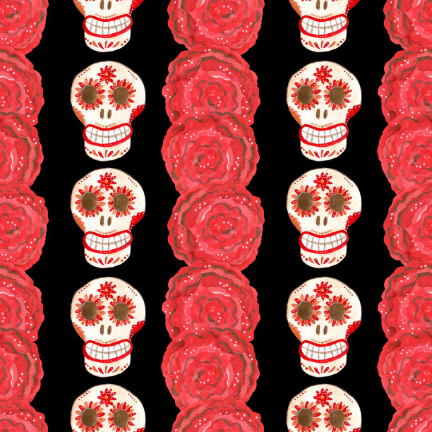 无缝水粉图案的墨西哥头骨和大红花在黑色的背景图片下载