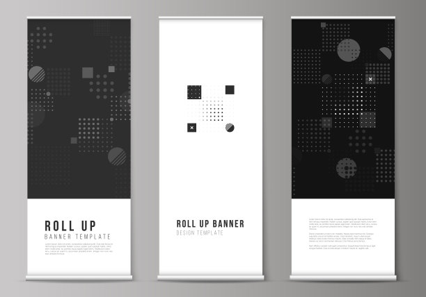 矢量插图的可编辑布局的滚动旗帜站，垂直传单，旗帜设计业务模板。具有流体几何形状的抽象矢量背景。图片下载