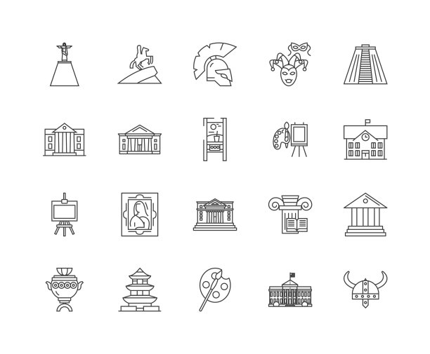 艺术博物馆线图标，标志，向量集，大纲插图概念图片下载