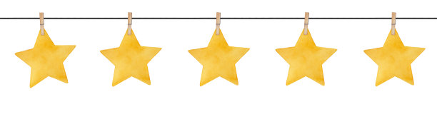 无缝重复的花环，可爱的小星星挂在木制衣夹上。手绘水彩画在白色的背景，剪纸剪辑艺术边界的卡片，邀请，标题，剪贴簿相册。图片下载