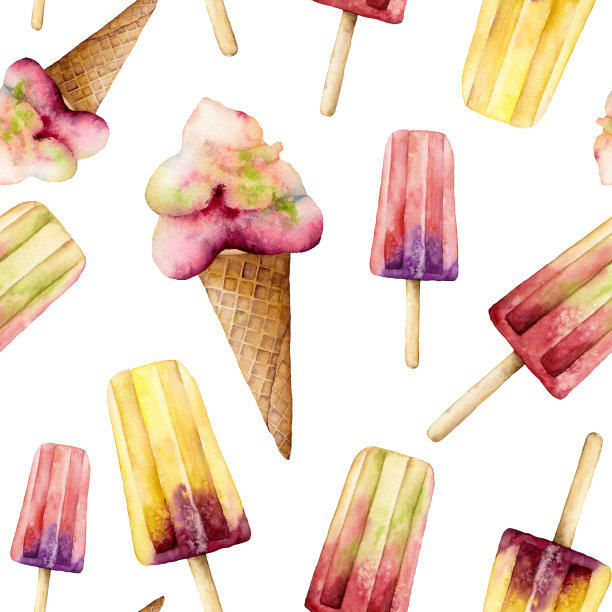 水彩冰淇淋无缝图案。手绘插画水果冰和冰棒与华夫蛋筒孤立在白色背景。食物插图的设计，印刷，织物或背景。图片下载