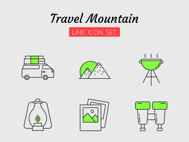 线条图标符号集，旅行山地露营双筒望远镜;汽车，照片，灯笼，炊具，孤立的平面轮廓矢量设计图片下载