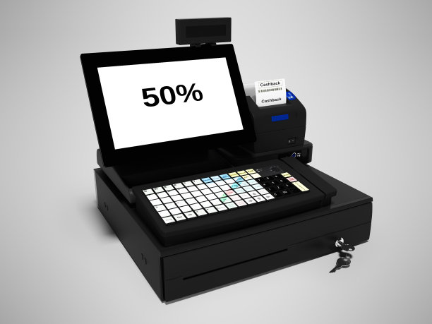 灰色收银机与显示器返现功能50%打印支票3d渲染在灰色背景与阴影图片下载