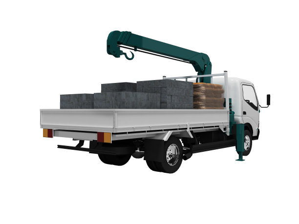 白色拖车与蓝色起重机充满建筑材料后视图3d渲染在白色背景上没有阴影图片下载