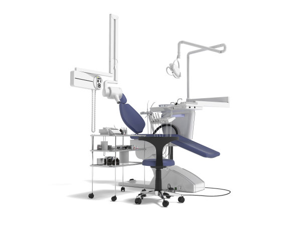 牙科蓝色椅子，带有照明和牙科治疗3d渲染功能，白色背景上有阴影图片下载