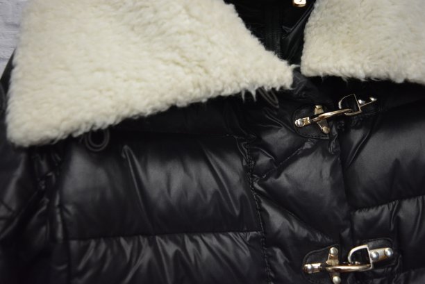 黑色时尚的女装羽绒服配白色的meze，用金色的家具代替。图片下载