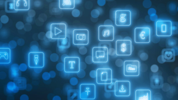 智能手机应用程序图标的流。霓虹灯风格的发光图标。三维演示图片下载