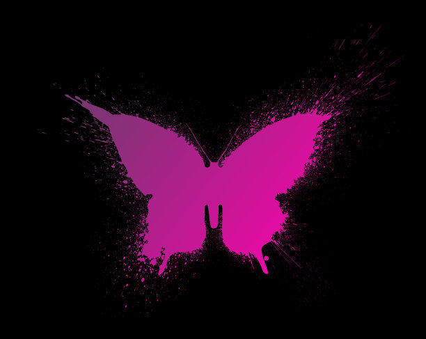 蝴蝶剪影与油漆飞溅和斑点与美丽的多色和明亮的梯度，孤立在一个黑色的背景。图片下载