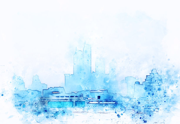抽象办公楼以城市建筑为背景绘制水彩画。城市上的数字插画刷艺术。图片下载