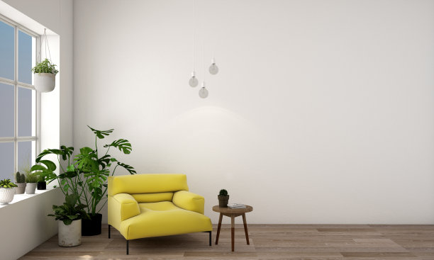 现代风格餐厅的室内设计，配有植物和绿色椅子图片下载