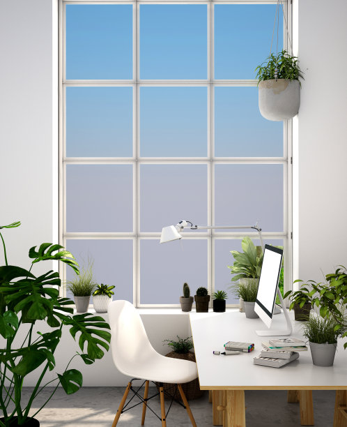 现代风格餐厅的室内设计，配有植物和绿色椅子图片下载