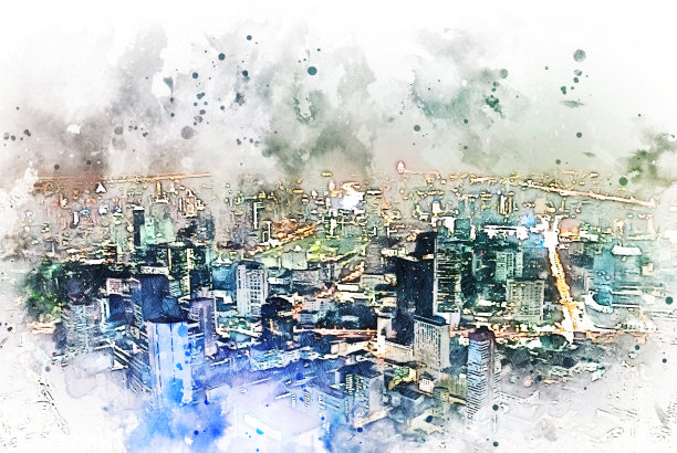 抽象办公楼以城市建筑为背景绘制水彩画。城市上的数字插画刷艺术。图片下载