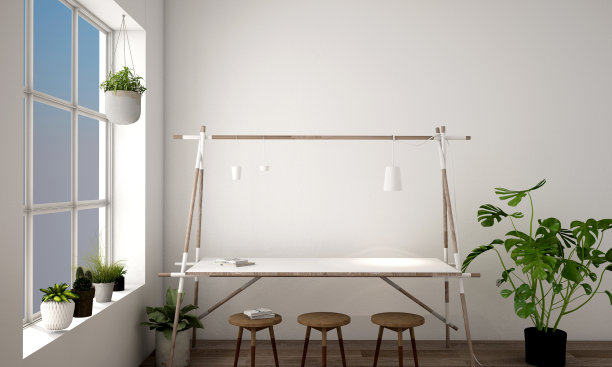 现代风格餐厅的室内设计，配有植物和绿色椅子图片下载