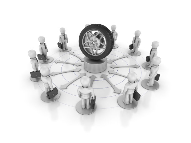 团队商务人士与汽车车轮- 3D渲染图片下载