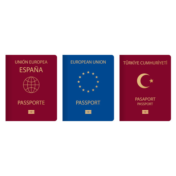 世界各地护照的变异概念。欧洲公民的一个文件，土耳其和西班牙的标志，象征着月亮和星星，一个地球仪和12颗星的圆。图片下载