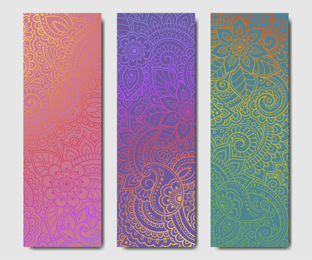 一套设计瑜伽垫。用于装饰运动器材的东方风格的花卉图案。色彩鲜艳的印度民族装饰品，精神上的宁静。装饰名片，海报，指甲花纹身图片下载