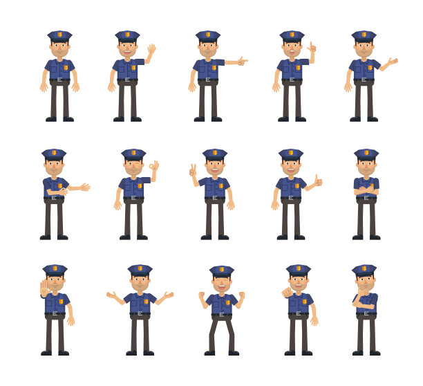 一套警察字符显示不同的手势。民警展示竖起大拇指的手势、指指点点、问候、胜利、停车等手势图片下载