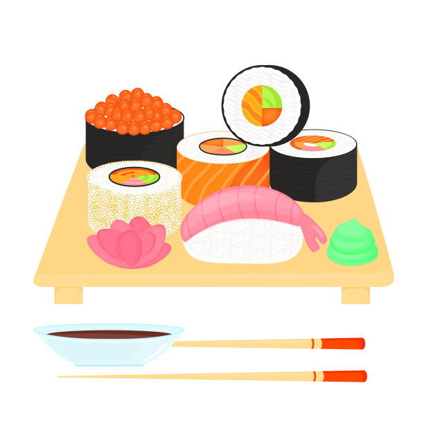 寿司。红鱼子酱卷，三文鱼卷，手握寿司卷，虾卷。日本传统食物。酱油，生姜，芥末，筷子，盘子。图片下载
