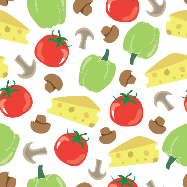 食材无缝图案：奶酪、番茄、蘑菇和甜椒图片下载