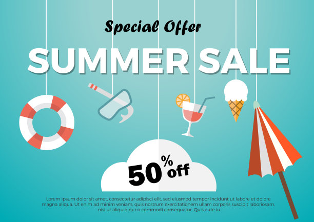 夏季大减价装饰折纸挂在背景。矢量插图推广，折扣和提供图片下载