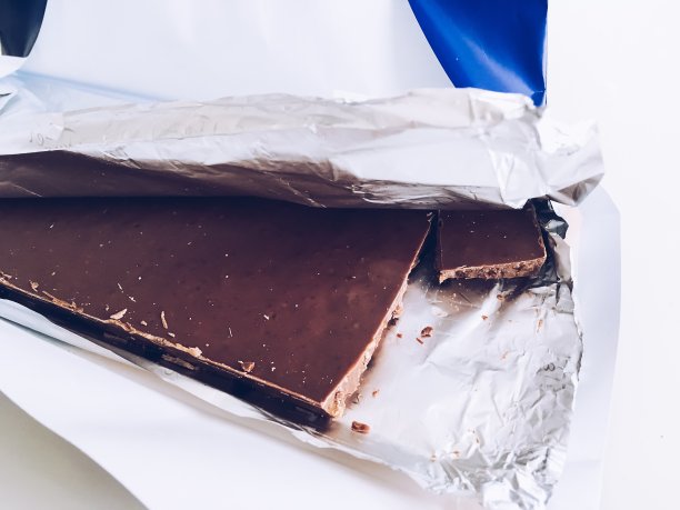 巧克力在铝箔孤立在白色背景。图片下载