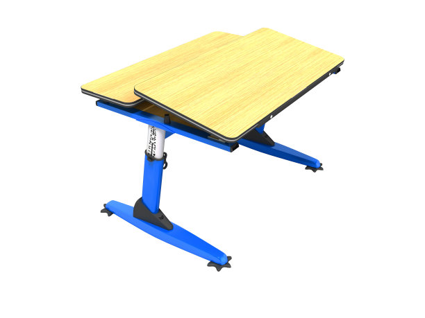 蓝色学校木制课桌与shuhlady笔记本和钢笔3d渲染在白色的背景没有阴影图片下载