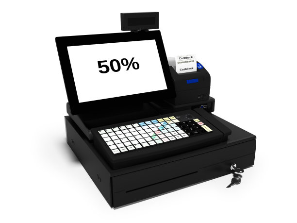 灰色收银机与显示器返现功能50%打印支票3d渲染在白色背景与阴影图片下载