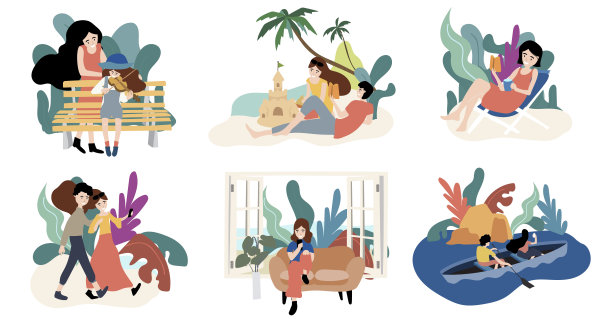 家庭角色设计与活动上玩viloin，坐海滩，读书，观光，玩移动，划船图片下载