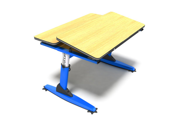 蓝色学校木制课桌与shuhlady笔记本和钢笔3d渲染在白色背景与阴影图片下载
