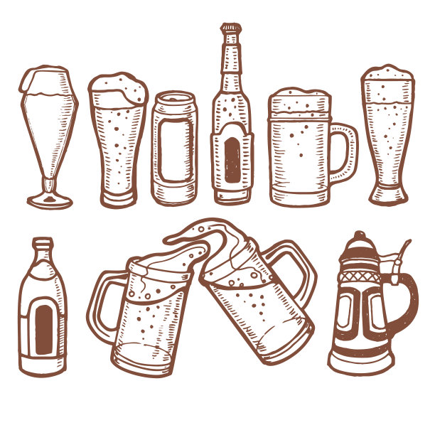 啤酒瓶，杯子和玻璃杯在手绘风格图片下载