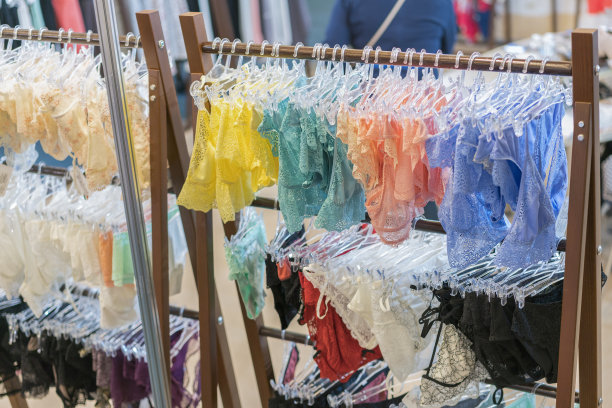 出售女性内衣。店里挂着的女士内裤。内衣店。新的花边内衣。图片下载