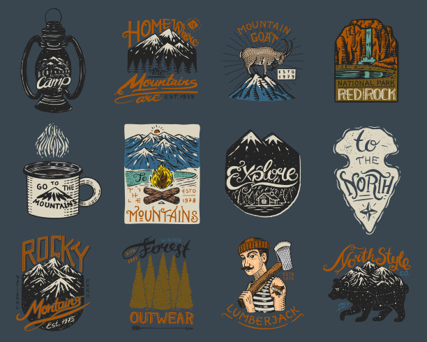 露营标志和标签。高山和伐木工人，棕熊，山羊，松树。在森林中旅行，户外和冒险。彩色徽章在黑板上。手绘古董大头针。图片下载