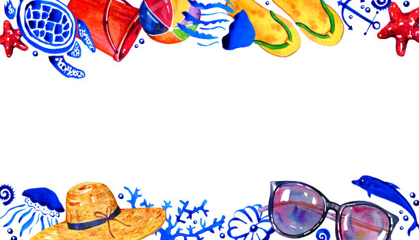 矩形框架的海滩物体和海洋生物的顶部和底部。手绘水彩插图。人字拖，帽子，眼镜，海龟，鱼，珊瑚和水母图片下载