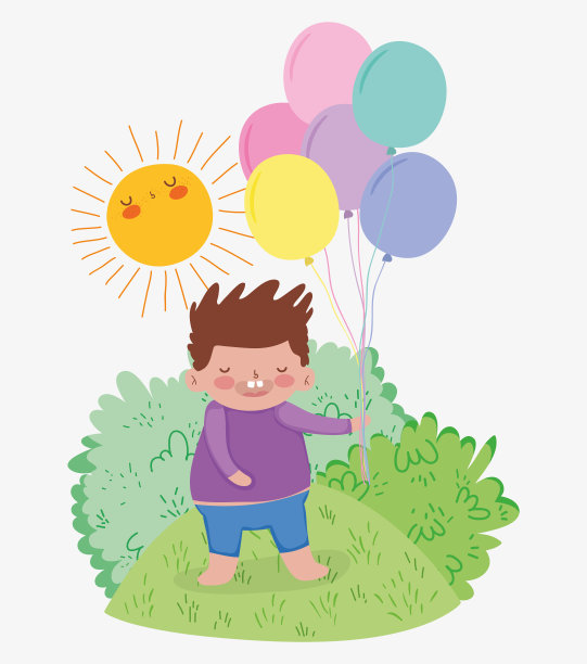 男孩在阳光下的灌木丛中玩气球游戏图片下载