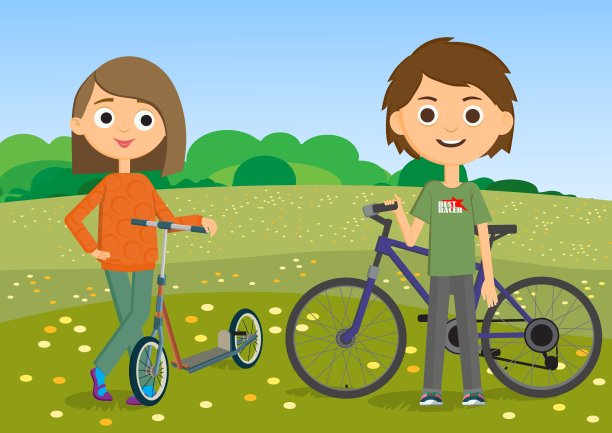 骑自行车的少年。骑摩托车的女孩。图片下载