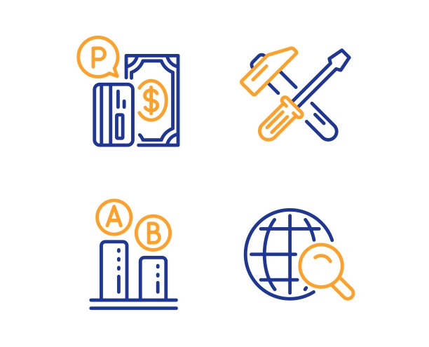 锤子工具，停车付款和Ab测试图标设置。互联网搜索标志。向量图片下载