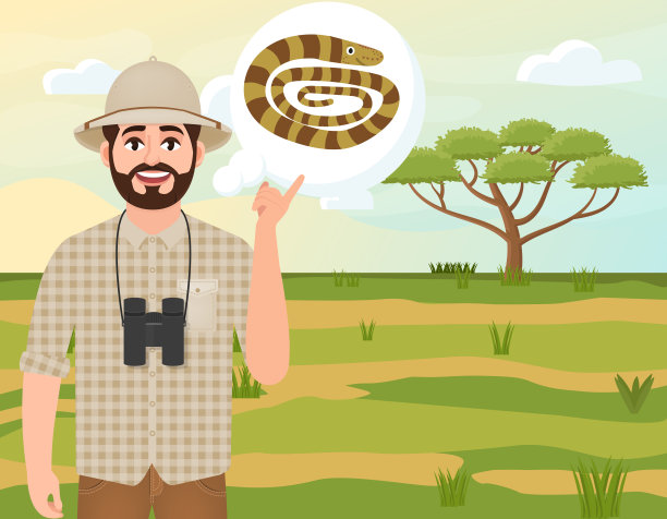 Happy man in cork hat, animal hunter thinks about python, safari landscape, umbrella acacia, africa countryside, vector插图图片下载