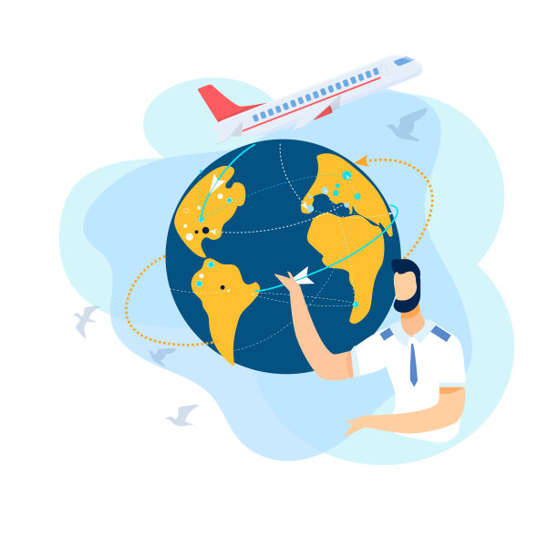 Man介绍国际航空旅行。航空业务图片下载